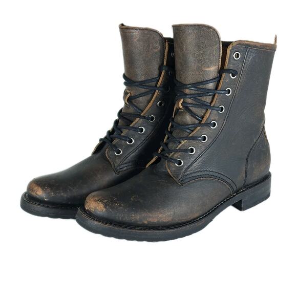 Frye Women's Veronica US8,5B Brown Leather Distressed Lace-Up Combat Boots - Picture 1 of 16